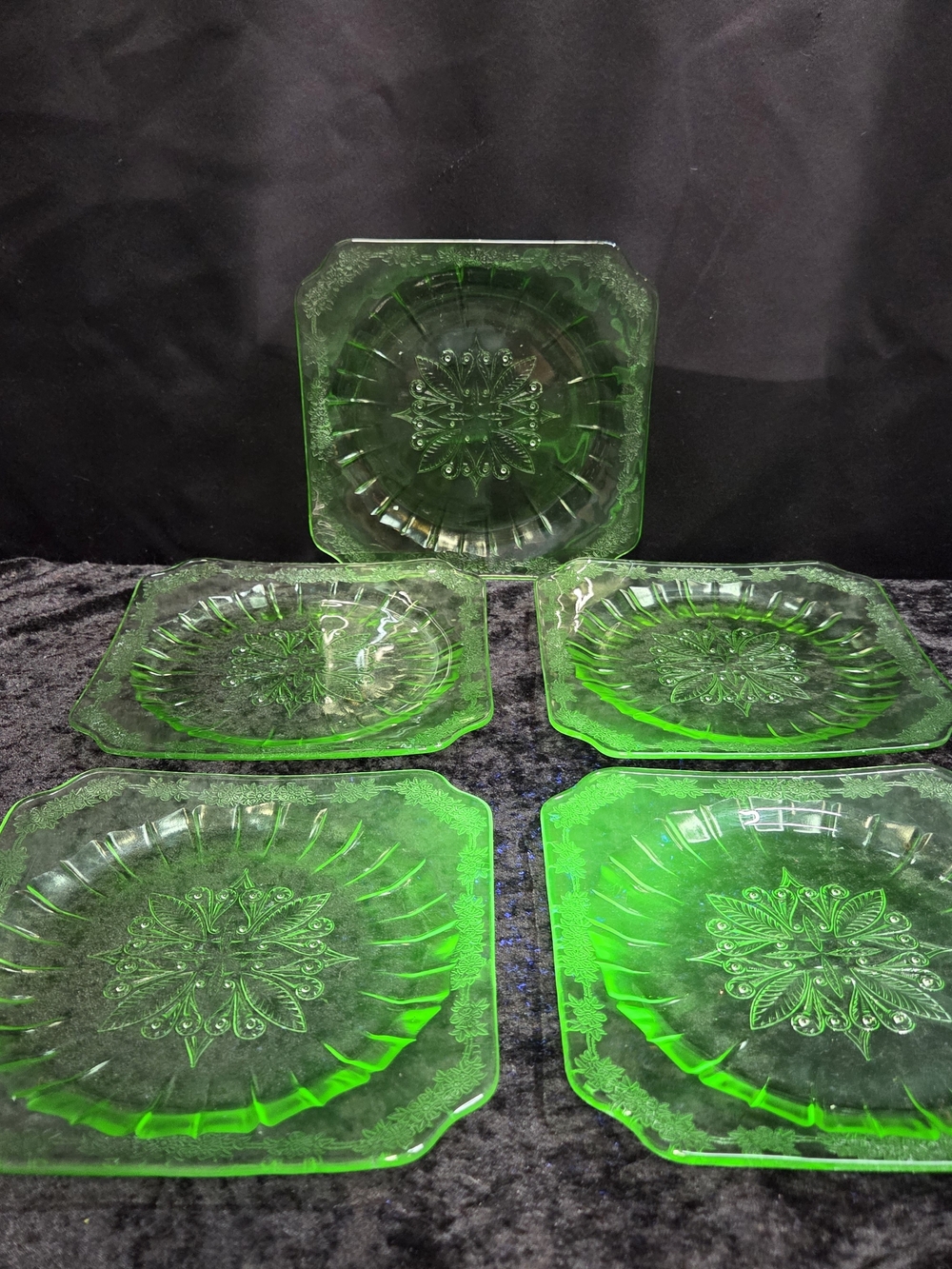 5 Jeannette Adam Green Salad Plates Set Vintage 7 3/4" Square Etched Depression